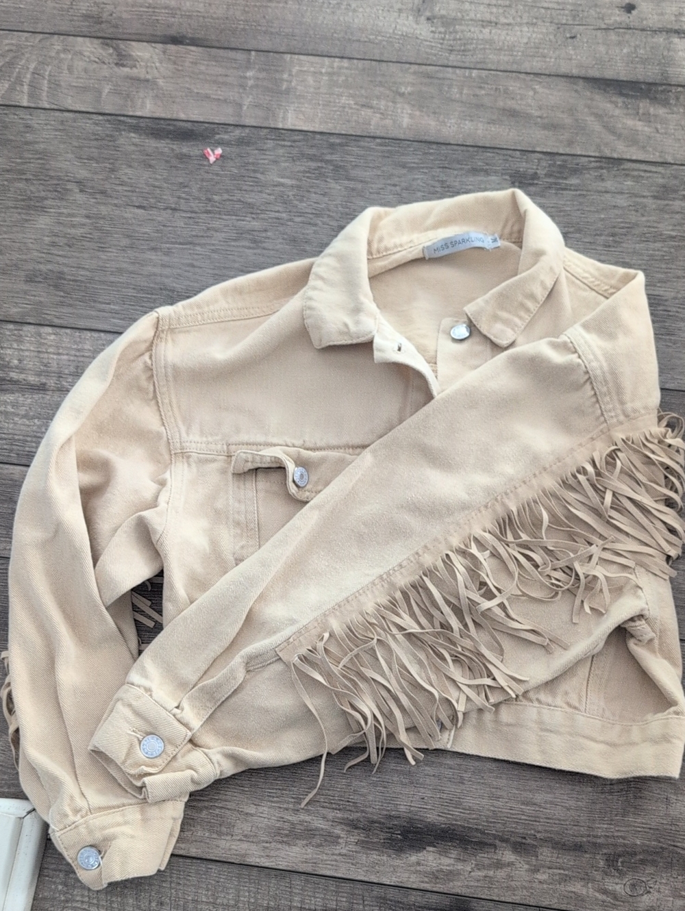 Fringe Cropped Jean Jacket in Beige